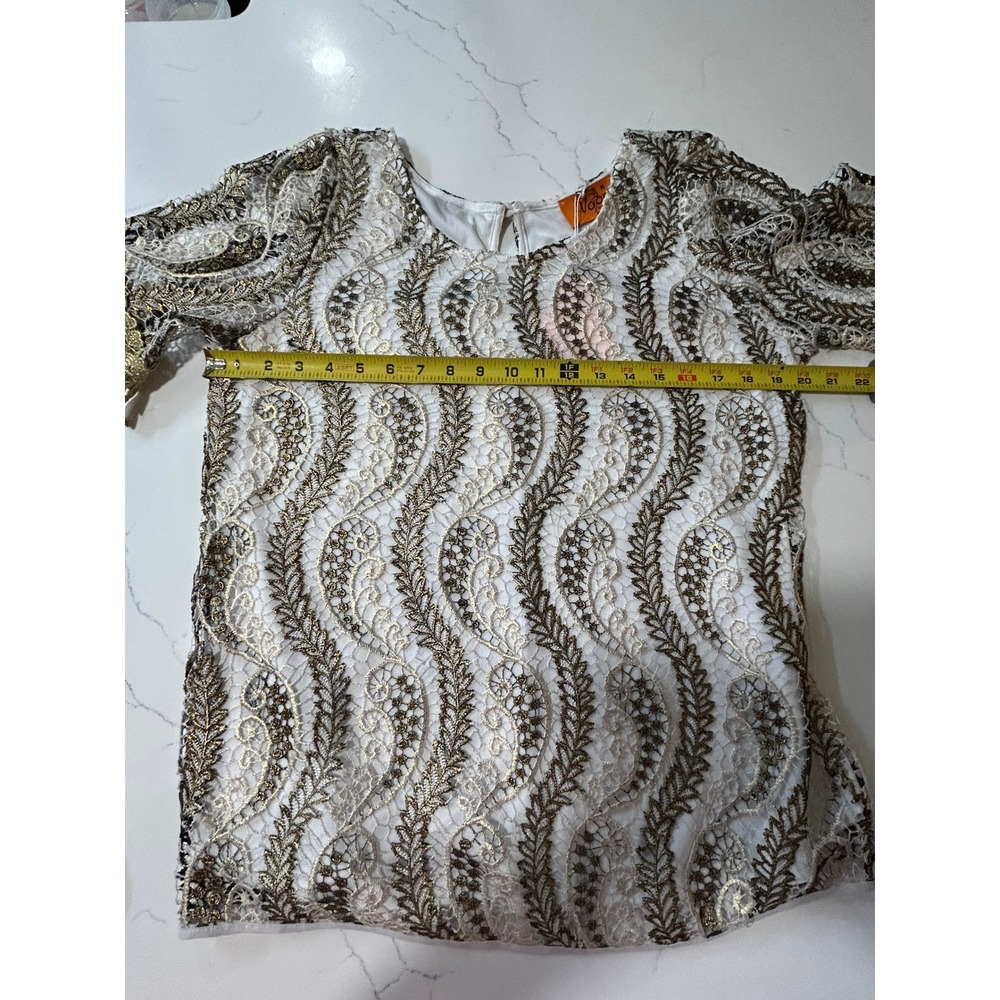 NEW Voom Joy Han Womens Metallic Gold Lace Embroidered Top White Medium Boho - Picture 8 of 8